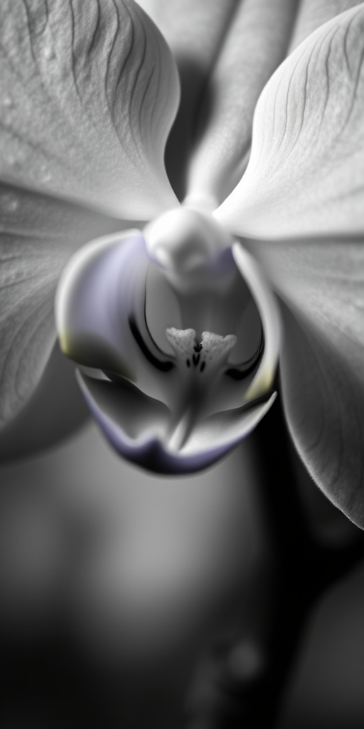 Black and white close-up of an orchid flower, soft focus with high contrast, using a DSLR camera, f/2.8 aperture, 50mm lens, ISO 100, natural light, shallow depth of field.