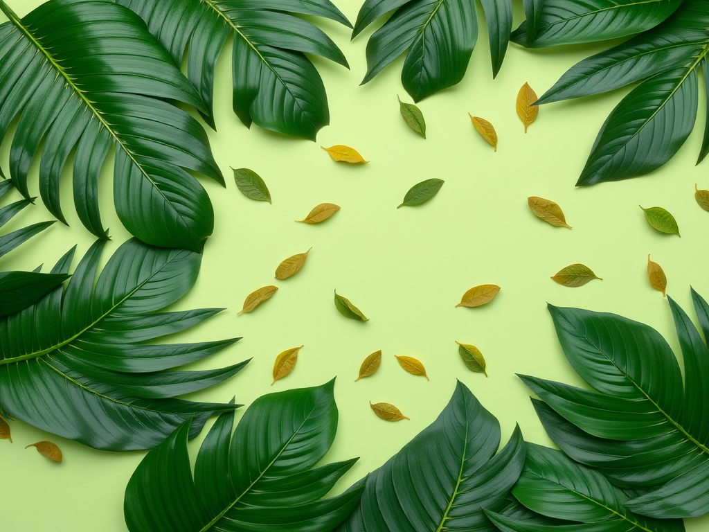 Create an image of tropical leaves scattered on a light green background using a 50mm lens, f/1.8 aperture, ISO 100, top-down view, digital camera style.