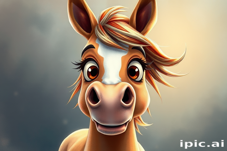 A semi-realistic cartoon-like [emotion] horse with whimsical art, dramatic lighting effects, glossy airbrush watercolor effects, anthropomorphic style, quirky characteristics, facing the camera