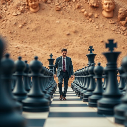 a businessman walking among large black chess pieces on an earthy background, shallow depth of field, f/2.8 aperture, 50mm lens, DSLR camera, focus on foreground with soft background blur, high dynamic range, daylight lighting
