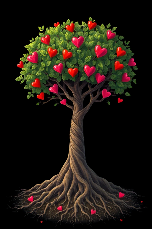 Create a high-resolution illustration of a tree with a heart-shaped base, featuring intricate roots and a canopy filled with leaves and small red hearts, captured from a slightly elevated angle using a DSLR camera, aperture set to f/4 for a soft background blur, ISO 100 for crisp detail, and a focal length of 50mm to enhance image quality.