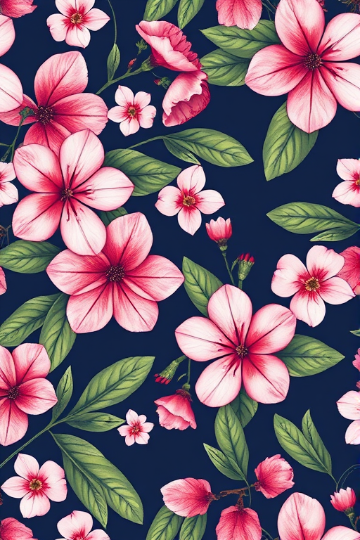 Create a seamless floral pattern with pink and white flowers, green leaves, and a dark navy background, captured with a Canon EOS R5 at ISO 100, f/4, 1/200 sec, using a macro lens for detailed textures and vibrant colors.