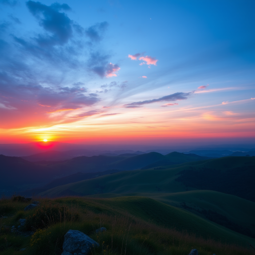 Create a vibrant, high-resolution image of a serene landscape with rolling hills and a sunset, captured with a DSLR camera at f/8 aperture, ISO 100, 1/250 sec shutter speed, using a wide-angle lens at a 24mm focal length, in landscape orientation, with soft lighting and vibrant colors.