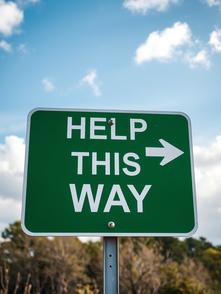 Generate a highly detailed image of a green directional sign with the text "HELP THIS WAY" in white letters, under a partly cloudy sky, captured with a DSLR camera at f/8 aperture, ISO 100, 50mm lens in landscape orientation.