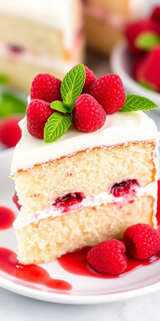 A slice of raspberry coconut cake with creamy white frosting topped with fresh raspberries and mint leaves served on a white plate with raspberry sauce around it showcasing the layered texture and vibrant colors of the dessert.