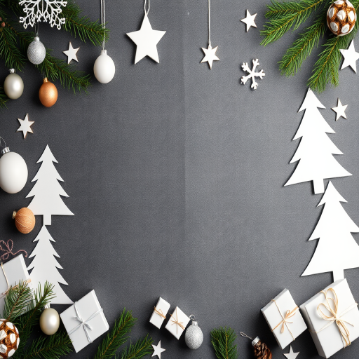 Create a festive holiday background featuring a border of white Christmas trees, ornaments, stars, and gifts on a dark grey backdrop, captured with a Canon EOS R5, 50mm lens, f/1.8 aperture, ISO 100, and a soft focus style for a warm, inviting feel.