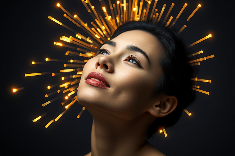 Create a portrait of a person with their head tilted slightly back, vibrant golden sparks emanating from their head, using a 50mm f/1.8 lens, low light setting, ISO 100, 1/200s shutter speed, captured from a slightly below eye level perspective in a studio setting, with a soft focus background to enhance the luminosity of the sparks.