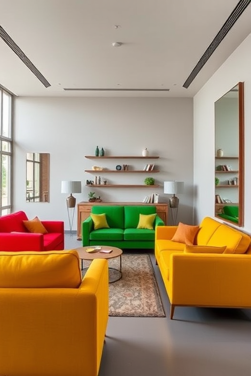 interior design of a modern room featuring three vibrant sofas in red, green, and yellow, minimalist decor with shelves on the wall, large mirrors, wide-angle view, high dynamic range imaging, f/8 aperture, ISO 100, 24mm lens, soft natural lighting