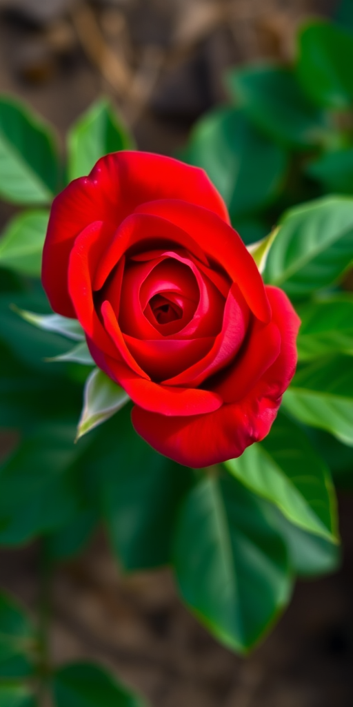 Generate a high-resolution image of a red rose with vibrant petals and green leaves, using a macro lens, f/2.8 aperture, 1/200 shutter speed, ISO 100, taken from a top-down view with natural soft lighting for enhanced detail and color contrast.