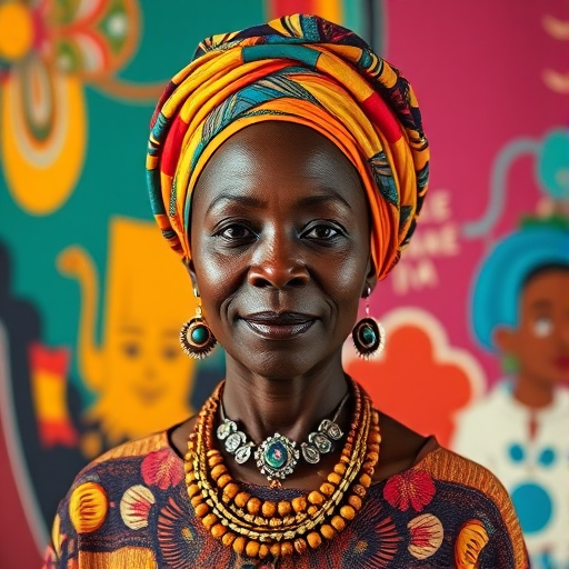 portrait of an African woman wearing a colorful headwrap and jewelry standing against a vibrant abstract background, natural light, 50mm lens, f/1.8, ISO 100, soft focus, Canon DSLR