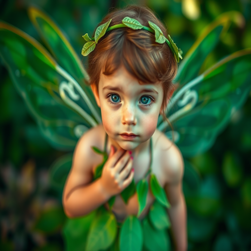 Create a high-resolution image of a fairy with green wings wearing a leaf-themed outfit, captured in a soft-focus, with a 50mm lens at f/2.8, ISO 100, using natural light and a low-angle perspective to enhance details and vibrancy.