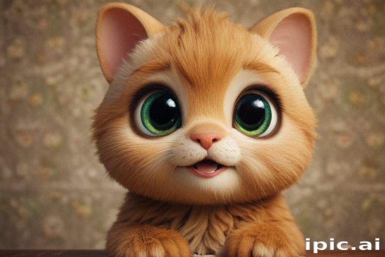 Adorable Cartoon Kitten with Big Eyes and Playful Expression