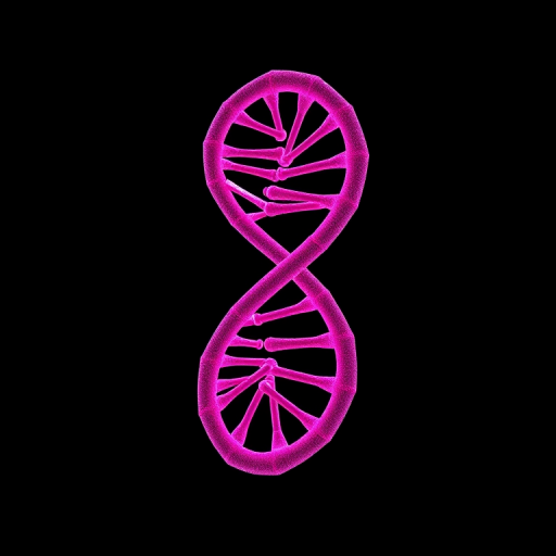 create a 3D visualization of a DNA double helix in vibrant pink against a black background, using a Canon EOS 5D Mark IV with a 50mm lens, aperture set to f/2.8, ISO 100, and a high dynamic range (HDR) style for enhanced depth and detail.