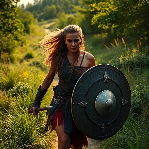 A Viking warrior woman confidently walking through a lush landscape, holding a shield, with dramatic natural lighting; camera settings: f/2.8 aperture, ISO 200, 1/500 sec shutter speed; camera view: eye level, wide-angle perspective; camera style: cinematic; camera type: DSLR.