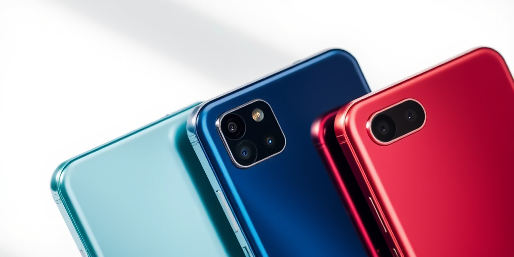 high-resolution image of three smartphones in a row with different color finishes, soft diffuse lighting, close-up view, 50mm lens, f/1.8 aperture, ISO 100, set against a minimalist background for clarity, capturing reflections and textures prominently