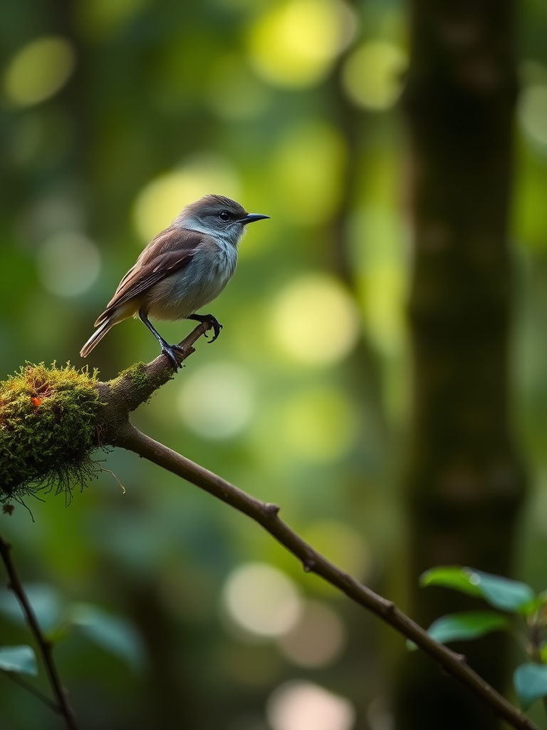 A small bird perched on a moss-covered branch in a lush green forest, soft bokeh background, captured with a Canon EOS R5, 105mm lens, aperture f/2.8, ISO 100, 1/200s shutter speed, natural light.