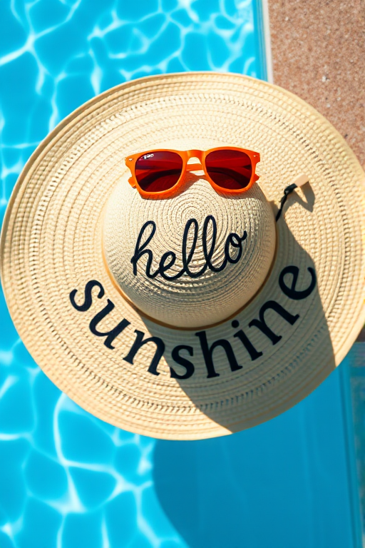 Create a high-resolution image of a large sun hat with the text "hello sunshine" embroidered on it, placed next to a bright blue swimming pool, with a pair of orange sunglasses resting on top of the hat, captured using a DSLR camera, aperture f/2.8, ISO 100, 50mm lens, natural lighting, top-down view for an overhead perspective.