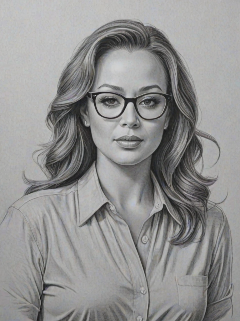 Elegant Leah Remini, pencil sketch, portrait of Ravishing woman 1944s in glasses, hair style beatnik, outline, clear lines, fine lines, 8k