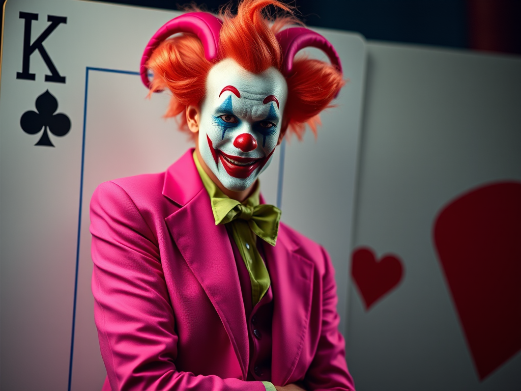 create a high-resolution portrait of a character resembling a clown in a vibrant pink suit, leaning against a large playing card backdrop, use a Canon EOS R5 with a 50mm f/1.2 lens, set aperture to f/1.8 for shallow depth of field, ISO 100 for clarity, and adjust shutter speed to 1/200s for sharpness, in dramatic lighting to enhance shadows and textures.