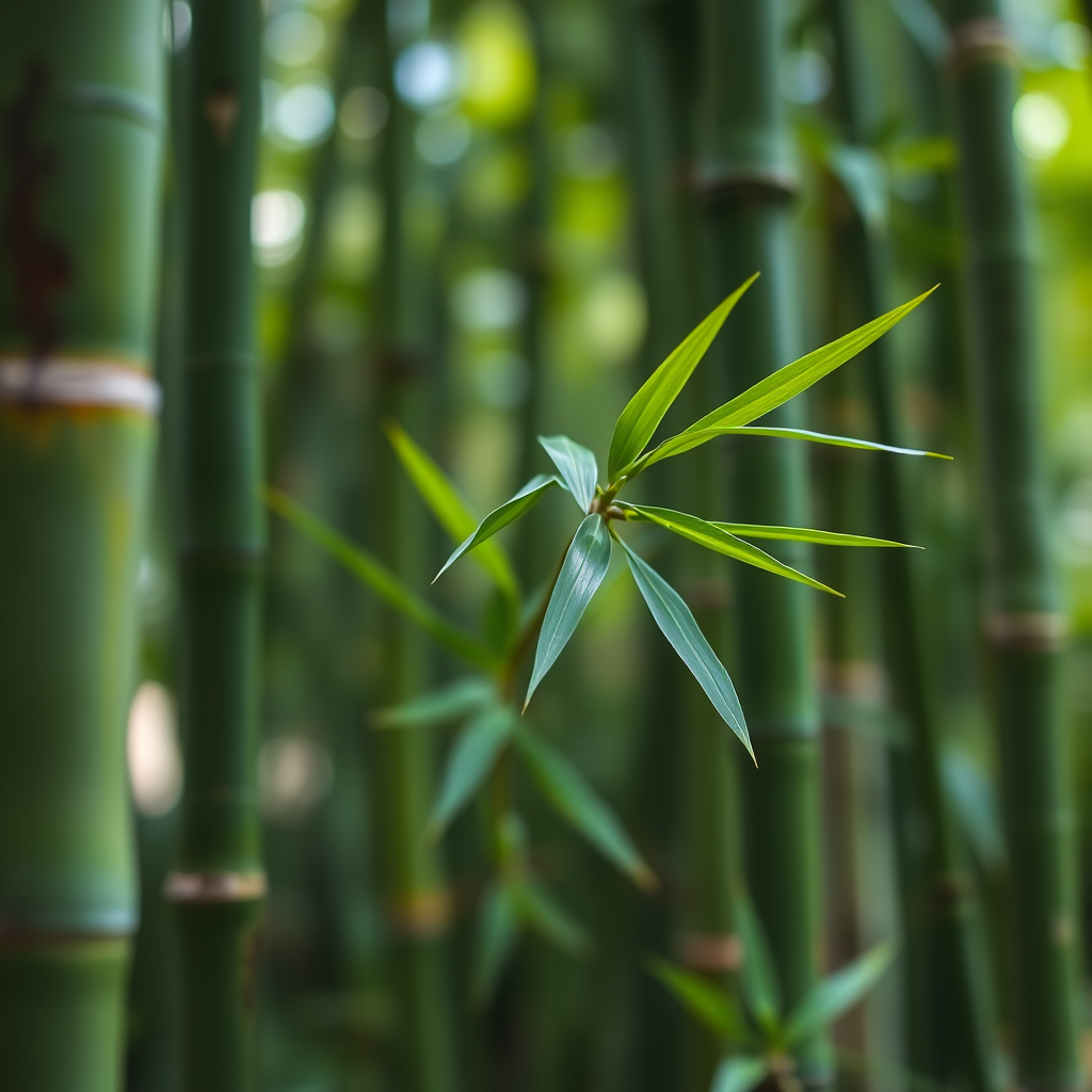 Create a high-resolution image of a bamboo plant with a shallow depth of field, using a DSLR camera set to f/2.8, ISO 100, and a 50mm lens, captured in natural light from a side angle for enhanced detail and texture.