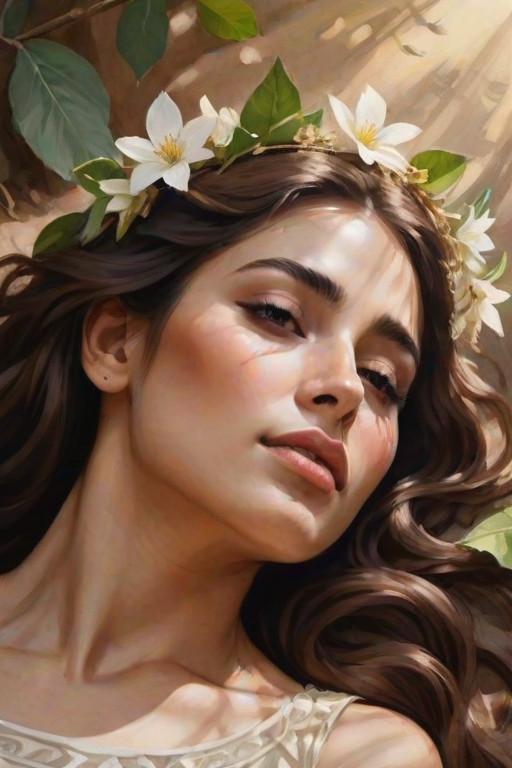 create a watercolor painting of an ethereal portrait of beautiful Assyrian woman with a simple white flower crown on her head. Her hair is long and she is lying on the ground. The sunlight on the trees casts shadows from the leaves on her face and body. The background is a neutral brown color that matches her skin tone. The image is minimalist and solid colors. This style is characterized by soft, delicate brushstrokes and a light, airy, contrasting color palette. High level of detail and play of light