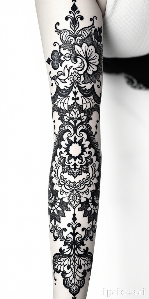 Ornamental blackwork tattoo of intricate lace patterns adorning the entire arm, creating the illusion of a delicate sleeve with negative space