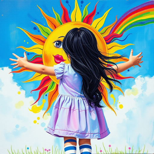 A depiction, in colorful paints, of a little girl, back to the viewer, short stripy socks, lilac and blue dress, arms outstretched, long black wavy hair being blown by the breeze, bight summer's day, up in the blue sky a giant colorful sun face, with pretty eyes, pink lips, colorful swirls, and rainbow colored flames shooting off in all directions