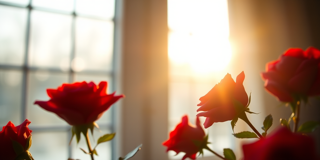 captured with a Canon EOS R5, 50mm f/1.2 lens, ISO 100, aperture f/2.8, shot from a shallow angle with natural light coming through a window, soft focus background for a dreamy aesthetic, vibrant red roses in the foreground, warm tones and moody ambiance.