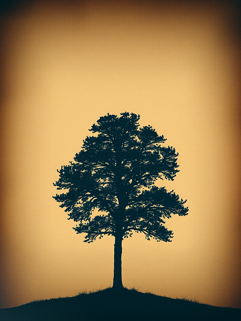 Create a vintage-style image of a tree silhouette against a textured, aged parchment background, using a DSLR camera at f/8 aperture and ISO 100, with a 50mm lens, soft focus effect, and soft diffused lighting to enhance the ethereal quality.