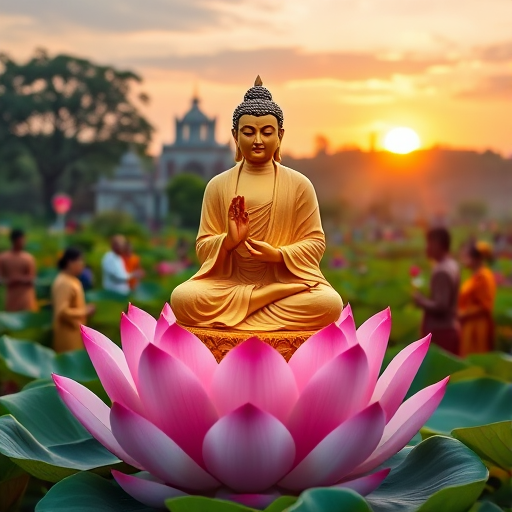 Create a vibrant digital artwork depicting Buddha standing on a lotus flower, surrounded by followers in traditional attire, set in a lush garden with a sunset background, using a DSLR camera with a 50mm lens, aperture f/1.8, ISO 200, and a slightly blurred background for depth.