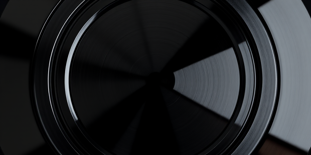 Create a sleek metallic black circular design with a glossy finish, using a macro lens, f/4 aperture, 1/250s shutter speed, ISO 100, top-down view, and studio lighting to enhance reflections and details.