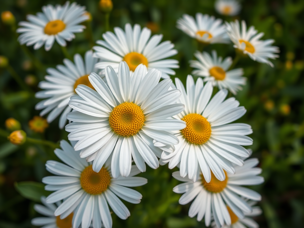 photograph a close-up of white daisies with yellow centers in a lush green background, using a Canon EOS R5 with a 50mm f/1.2 lens, aperture set to f/2.8 for shallow depth of field, ISO 100, and natural daylight for vibrant colors, focusing on the textures of the petals and rich green foliage.