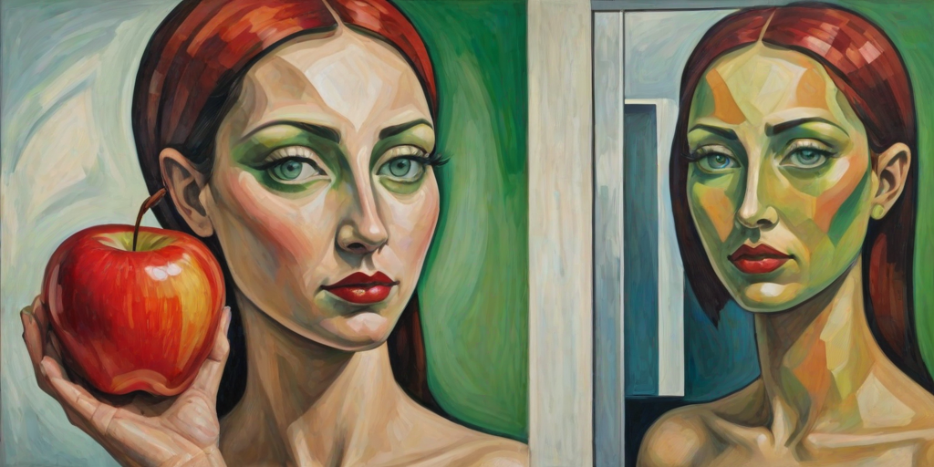 Abstract Surrealist cubist painting depicting a woman with green eyes and a red apple on her head looking at herself in the mirror