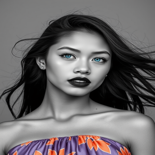 Photographic image of a beautiful young Samoan woman, cyan eyes, lips with black lipstick, long hair fluttering in the wind and wearing a silk strapless dress with a soft purple and orange print. monochrome image with only color highlights in the iris of the eyes, lipstick and dress. Gray background.