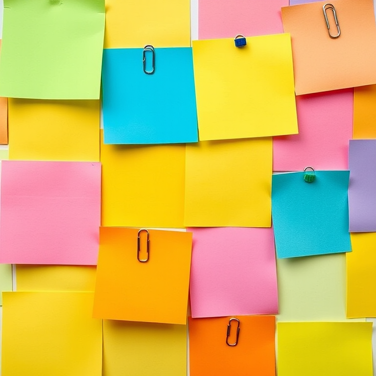A grid of colorful sticky notes in green, blue, yellow, pink, orange, light blue, and purple, each with a paperclip, high-resolution image, 50mm lens, f/2.8 aperture, soft natural lighting, top-down view, using a DSLR camera.