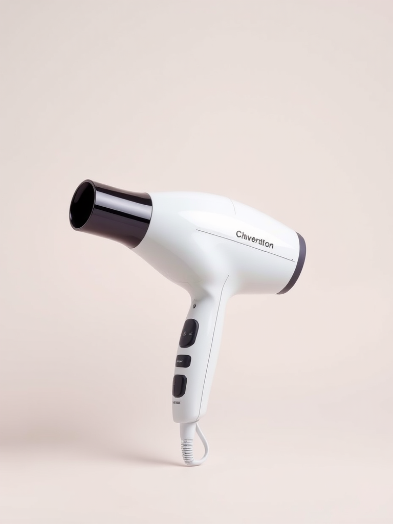 high-resolution image of a modern hair dryer on a simple background, 50mm lens, f/2.8 aperture, ISO 100, front view, studio lighting, DSLR camera