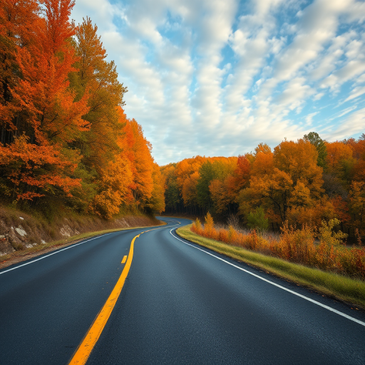 autumn landscape with a winding road surrounded by colorful trees, early morning light, 24mm lens, f/8 aperture, ISO 100, shot with a DSLR camera at a low angle for depth perspective, emphasize vibrant colors and cloud patterns in the sky