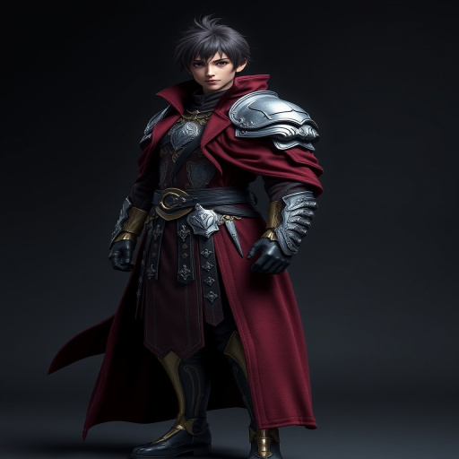 Generate a high-resolution image of a character in a flowing maroon coat and intricate armored outfit, standing confidently, shot with a DSLR camera at f/2.8 aperture, 50mm lens, 1/125 sec shutter speed, in a well-lit studio setting, emphasizing sharp details and vibrant colors.
