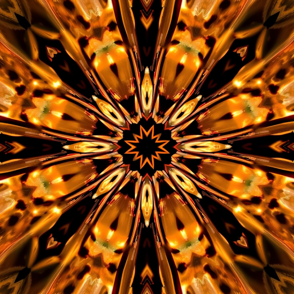Create a symmetrical kaleidoscopic image of a geometric pattern with warm lighting using a DSLR camera, f/8 aperture, ISO 100, 24mm lens, shot from a symmetrical overhead view with high dynamic range to enhance details and contrast.