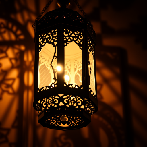 a beautifully lit Moroccan lantern casting intricate shadows, warm candlelight glowing softly inside, detailed background with ornate patterns, captured with a Canon EOS R5, 85mm lens, aperture f/1.8, ISO 100, shutter speed 1/60s, at a low angle for dramatic effect.