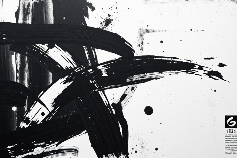 Create a high-resolution image of abstract black and white artwork featuring bold brush strokes and textured surfaces, captured with a DSLR camera at f/8 aperture, ISO 100, 1/250s shutter speed, using an overhead view with soft diffused lighting.