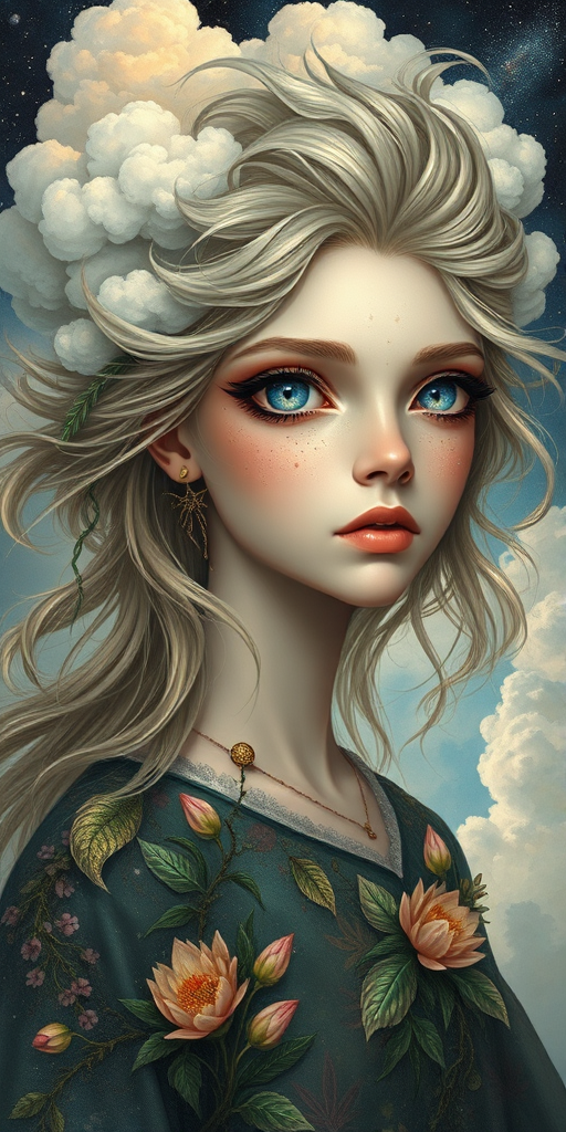 Create a series of imaginative portraits where each subject is infused with elements of fantasy and nature. The hair of the individuals should flow like clouds, varying from soft, fluffy cumulus to wispy cirrus strands, with hints of color reflecting a sunset or a clear blue sky. The eyes should be windows to entire galaxies, with stars, nebulae, and distant planets visible within them. Clothing should be adorned with nature motifs, such as floral patterns that bloom and change, vines that seem to grow and wrap around, or feathers that shimmer with iridescence. Each portrait should capture a unique personality, blending human features with the ethereal beauty of the natural and cosmic world. The backgrounds can vary, from starry night skies to enchanted forests, adding depth and context to the magical realism of the portraits