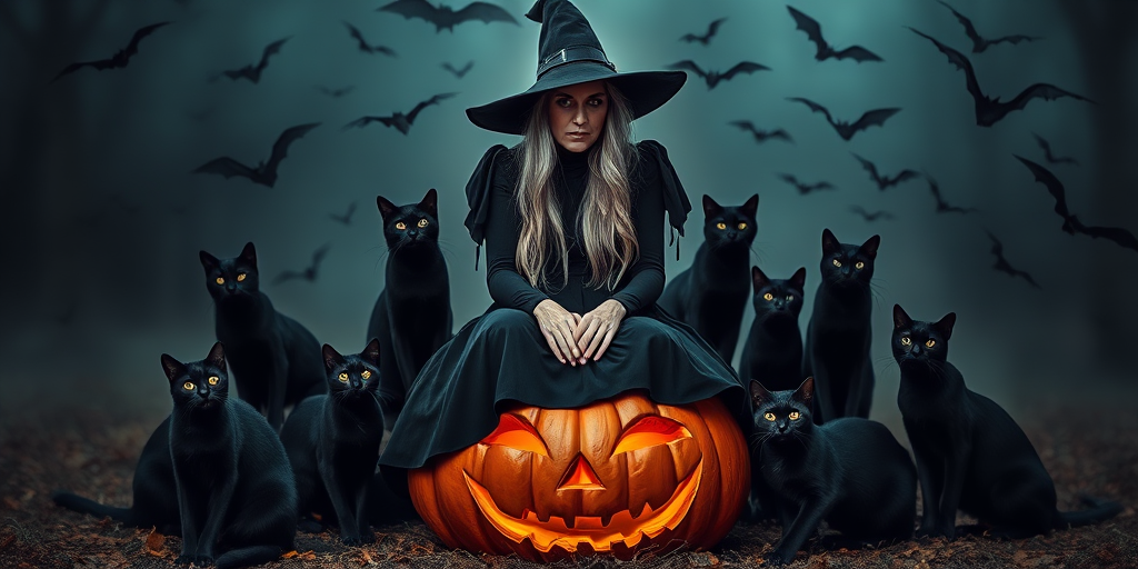A witch with long gray hair in a black dress sitting on a carved pumpkin surrounded by eight black cats and flying bats in a moody, atmospheric setting, shot with a Canon EOS R5 at f/2.8, ISO 100, 35mm lens in portrait style for enhanced depth of field and vibrant colors.
