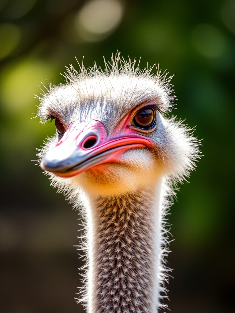 ostrich portrait, shallow depth of field, soft natural lighting, focus on eye details, 50mm lens, f/1.8 aperture, ISO 200, 1/200s shutter speed, DSLR camera, wildlife photography style, blurred background for depth