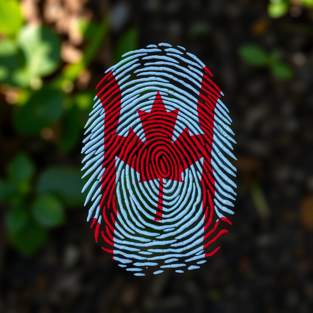 Create a high-resolution image of a fingerprint filled with the Canadian flag design, using a Canon EOS R5 camera with a 50mm f/1.2 lens, aperture set to f/2.8, ISO 100, capturing from a top-down view with natural lighting for enhanced detail.