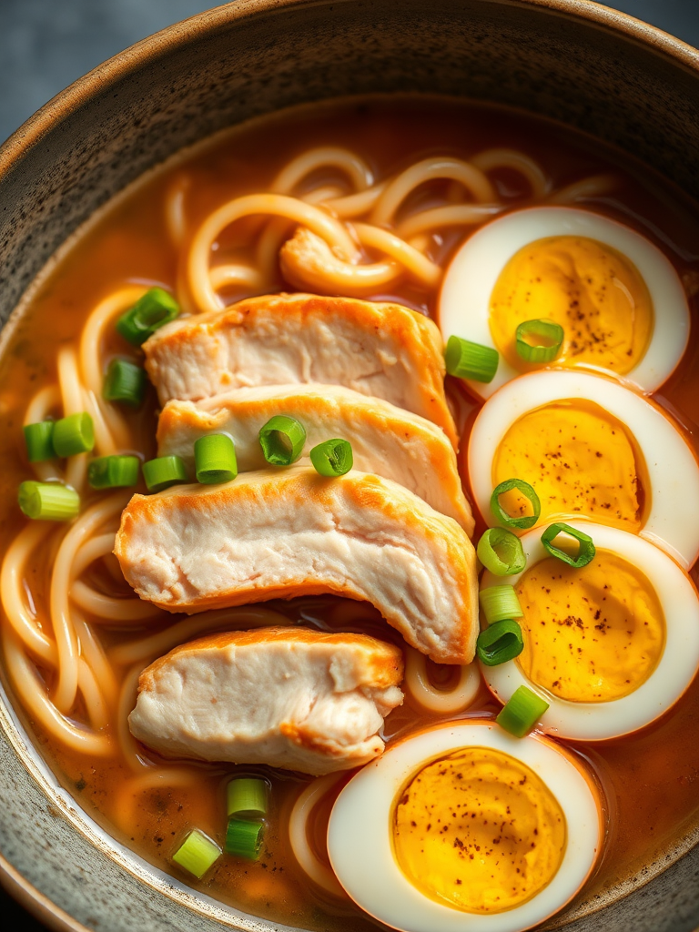 a close-up, high-resolution image of a bowl of ramen noodles with slices of chicken, soft-boiled eggs, and green onions, captured with a DSLR camera at f/2.8 aperture, 50mm lens, natural lighting, top-down view, vibrant colors, sharp focus on noodles and ingredients