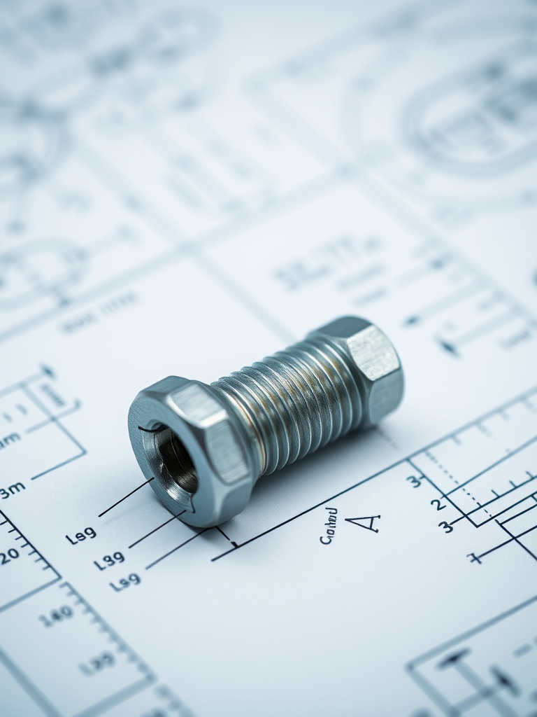 Create a highly detailed technical drawing of a bolt on a blueprint background, showcasing precise measurements and annotations, captured with a DSLR camera at f/8 aperture, ISO 100, 50mm lens, and a shallow depth of field to enhance the subject's focus and clarity.