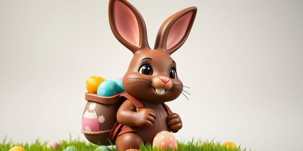 Generate an image of a cartoon character resembling a chocolate rabbit with large ears, wearing a brown backpack filled with colorful Easter eggs, in a vibrant, playful style, with a clean background, shot with a Canon EOS 5D Mark IV, aperture f/4, ISO 100, and a focal length of 50mm for enhanced detail and quality.