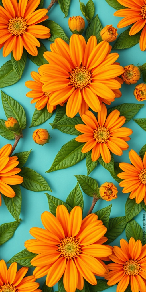 Create a vibrant floral pattern featuring orange flowers with yellow centers and green leaves, shot with a DSLR camera at f/8 aperture, ISO 100, 50mm lens, using soft natural light for enhanced color saturation and clarity.