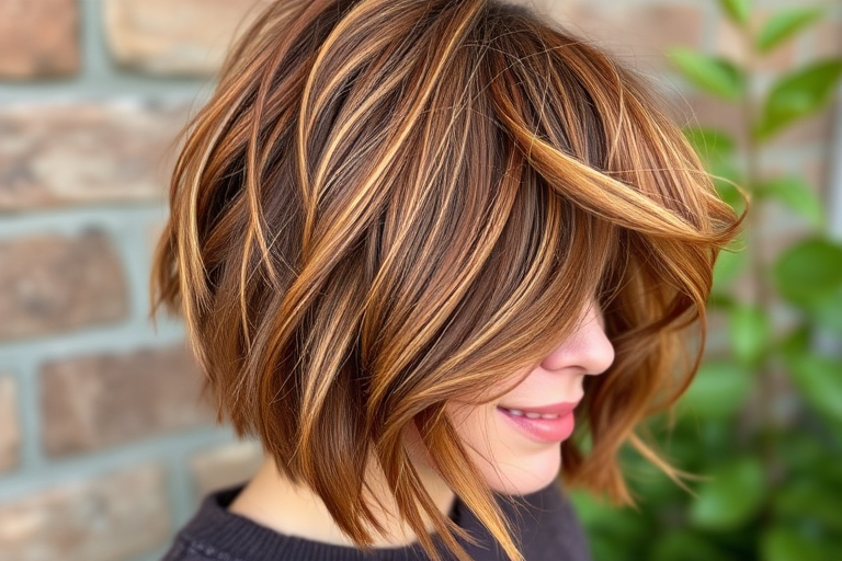 Earthy auburn shag dubbed "Autumn Whisper" featuring choppy layers and curtain bangs, capturing the essence of fall foliage with copper and cinnamon tones